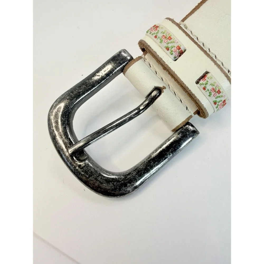 White Leather Belt Colorful Ribbon Accents Vintage Boho Style 31-34